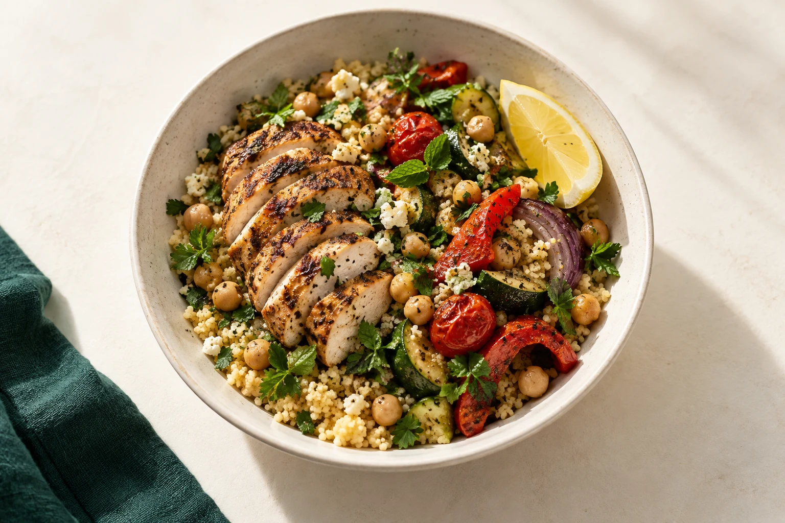 Bol de couscous au poulet grillé, légumes, pois chiches et herbes fraîches