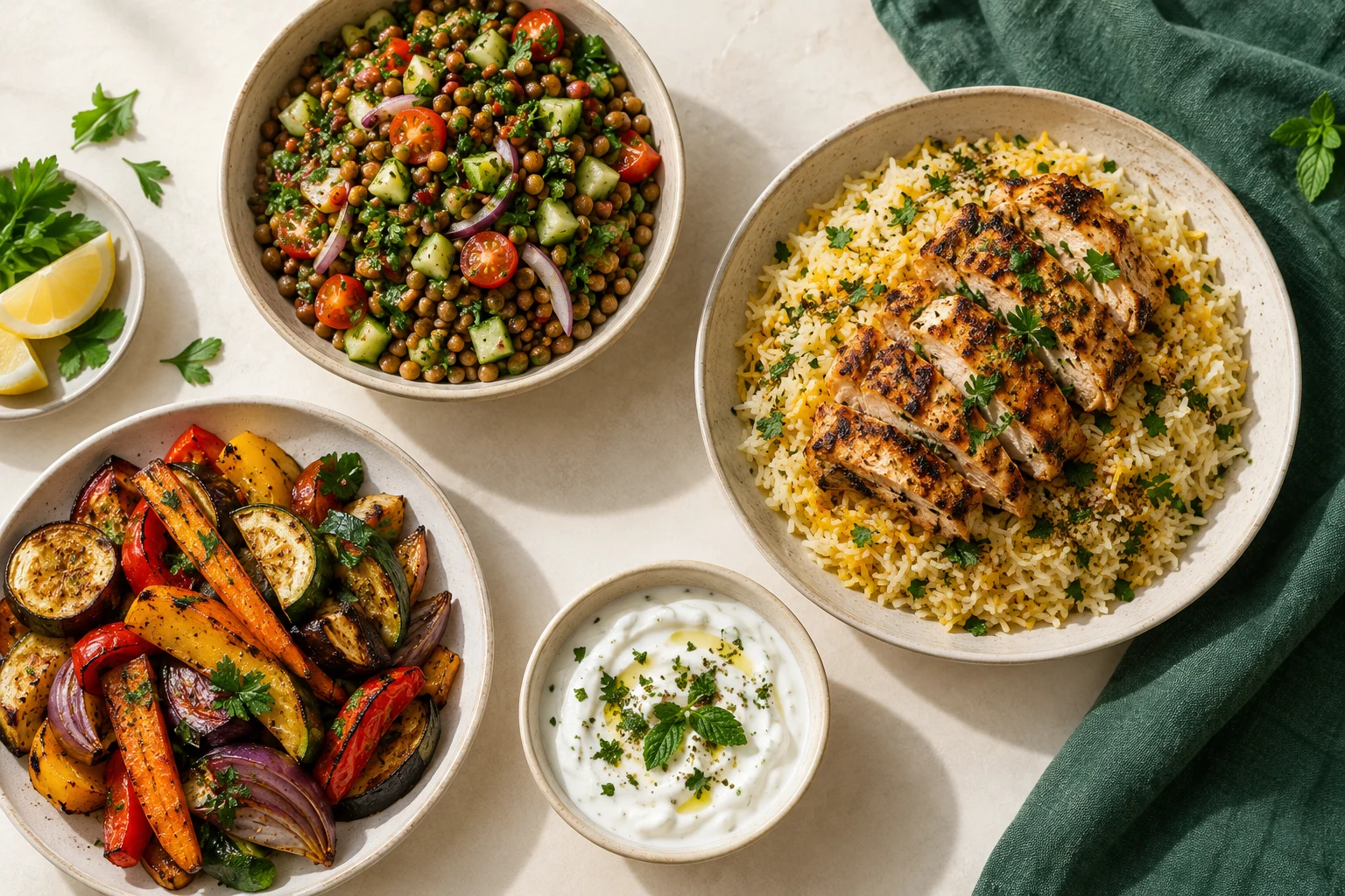 Poulet et riz maison, salade de lentilles, légumes rôtis et yaourt sur une table crème