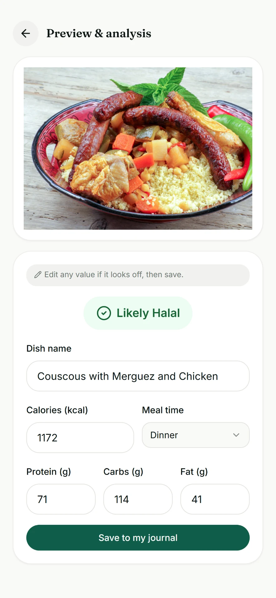 Analyse d’un couscous dans Qoot avec une estimation des calories, protéines, glucides et lipides
