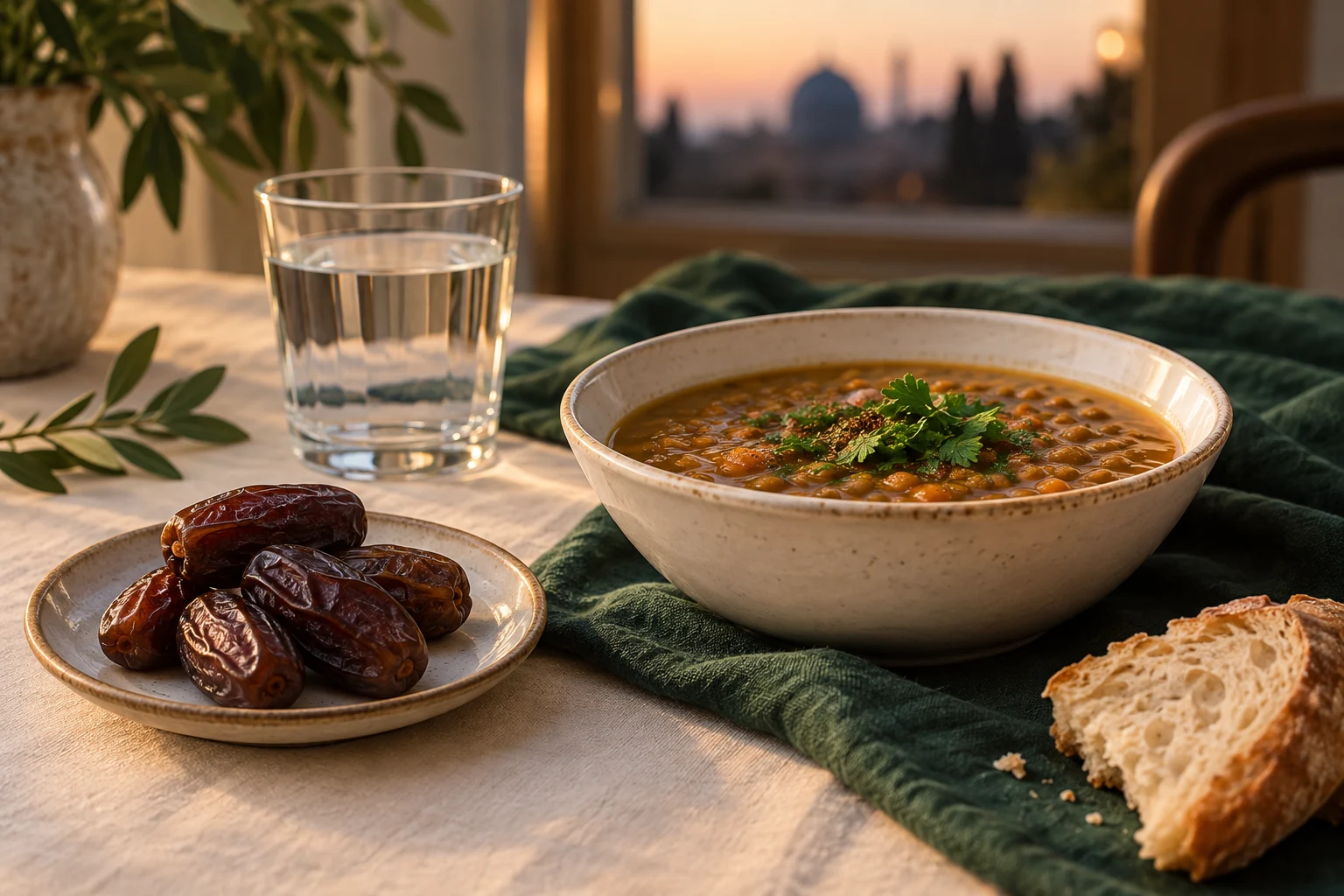 Dattes, verre d’eau, soupe de lentilles et pain sur une table au coucher du soleil